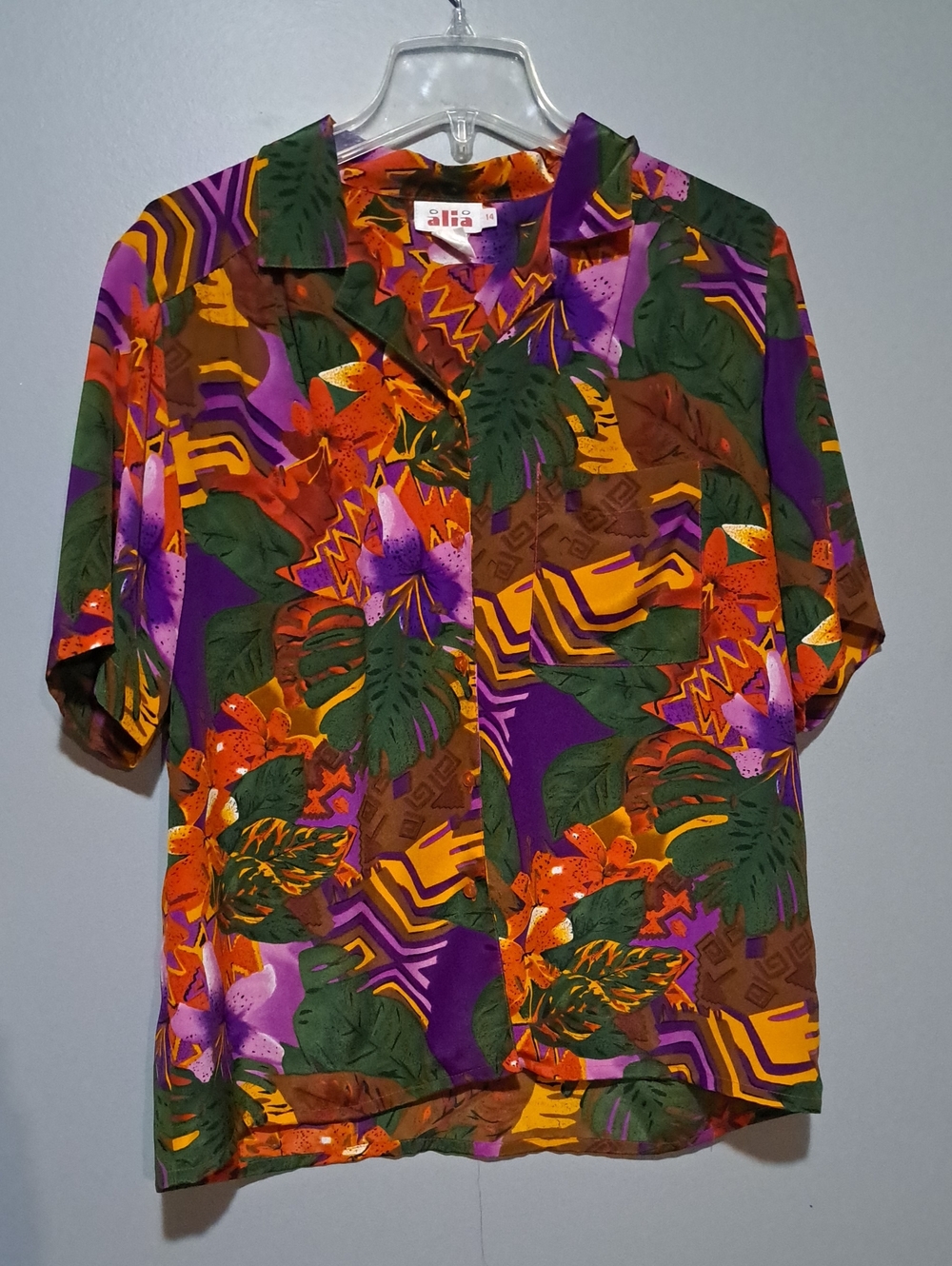 Alia Vibrant Tropical Button-Front Blouse - Retro. Vibe. Neon Tropical. Vacation